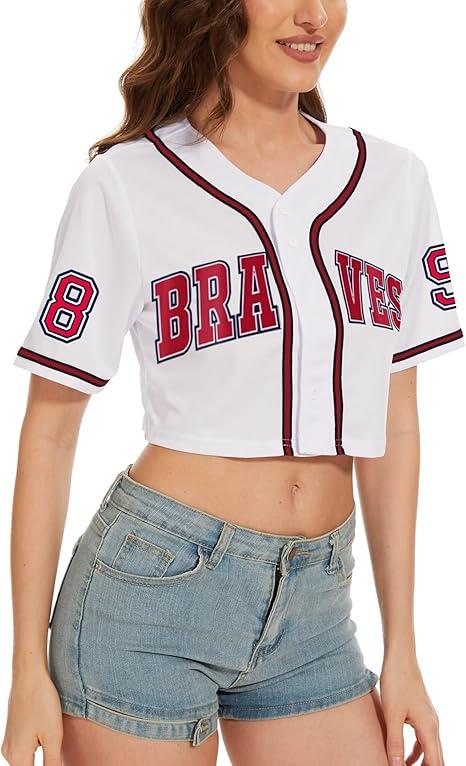 Womens Cropped 98 Baseball Jersey Button Down V-Neck Country Vintage Jersey Casual Sports Softball Shirt White L