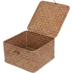 Wicker Shelf Baskets with Lid, Handwoven Seagrass Storage Basket Bins Square Gift Boxes for Shelves Home Decor Organizer (Coffee, Small)