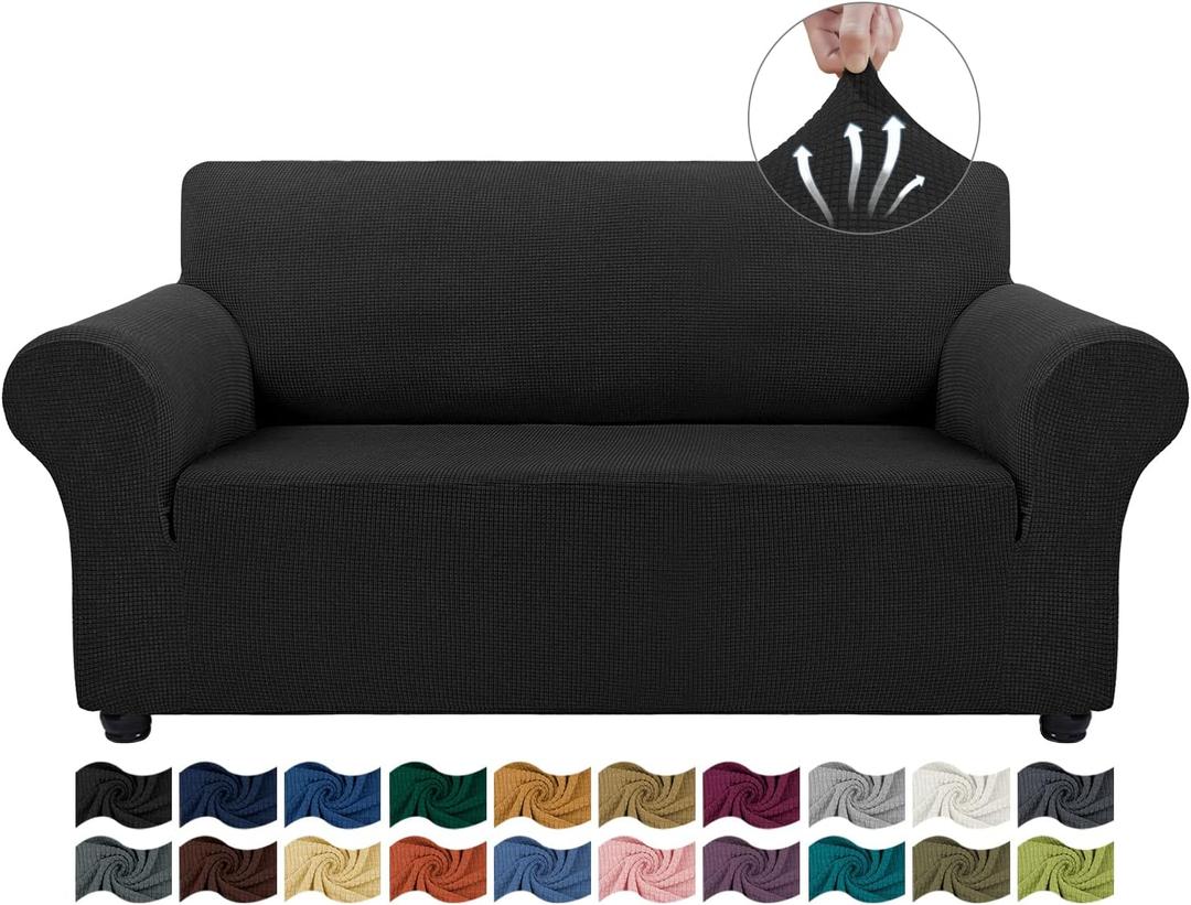 Asnomy Sofa Covers for 2 Cushion Couch Stretch loveseat Cover Slipcovers, Pet Protector Furniture Covers for Dogs Cats Spandex Jacquard Fabric Small ChecksMedium Black