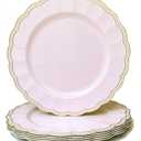 Pink Round Charger Plates,13 Inch Metallic Chargers for Dinner Plates, Gold Bead Rim Plastic Chargers For Dining, Wedding, Party, Shower. 6 Pack Decorative Holiday Tabletop Decor