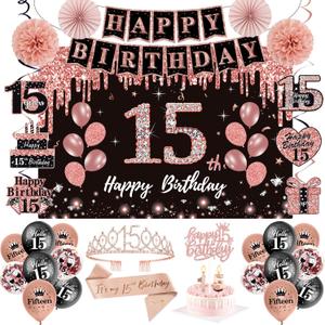 15th Birthday Decorations for Girls,51Pcs PRE-STRUNG Rose Gold Black Party Set-15 Years Old Crown and Sash,Banner Backdrop Balloons Candle Hanging Swirls Paper Fans,PRE-ASSEMBLED