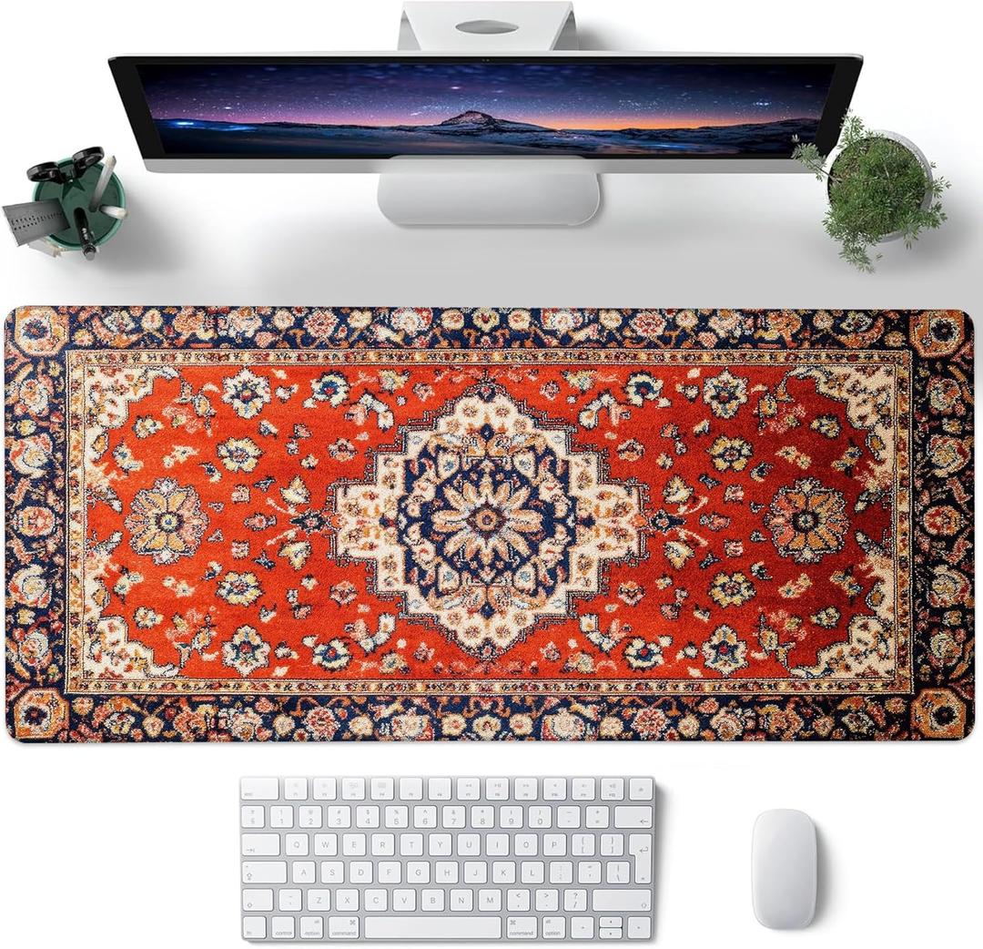 Desk Pad, Vintage Red Boho Rug XL Gaming Mouse Pad with Stitched Edges,Non-Slip Waterproof Rubber Base Large Desk Mat for Keyboard and Mouse 31.5"x11.8"