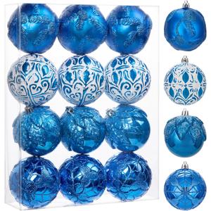 Hollyone 3.15"/80mm Blue Christmas Ball Ornaments 12 Pcs Shatterproof Christmas Tree Relief Ornament Set Large Hanging Balls for Xmas Wedding Holiday Wreath Home Decorations