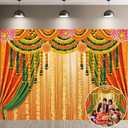 Indian Pooja Traditional Backdrop Indian Religious Festival Marigold Yellow Curtain Background Diwali Puja Ganpati Pooja Mehndi Wedding Party Decoration 7x5FT