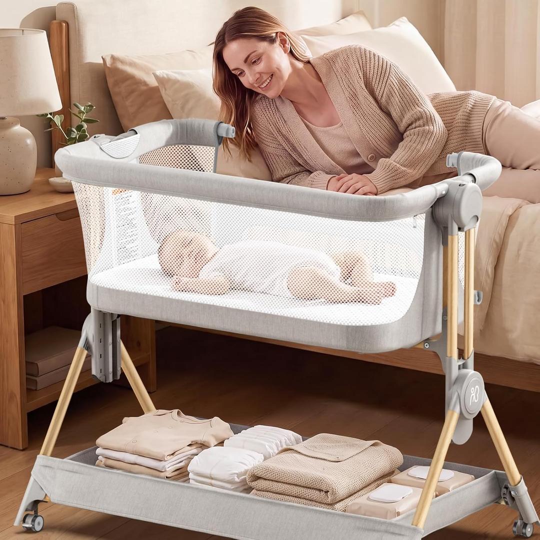 ANGELBLISS Baby Bassinet, 3-in-1 Bedside Sleeper, One-Click Foldable Crib, Standard