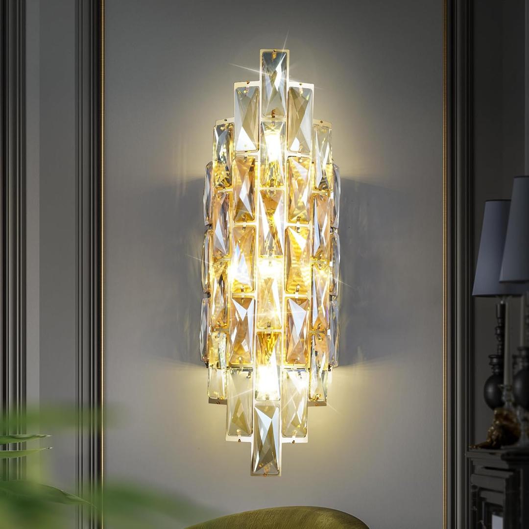 Modern Crystal Wall Sconces,Gold Wall Light Fixtures, Luxury Indoor Wall Lamp,Crystal Vanity Wall Mount Lamps,Wall Lighting for Living Room Bedroom Bathroom Bedside Hallway Stairway