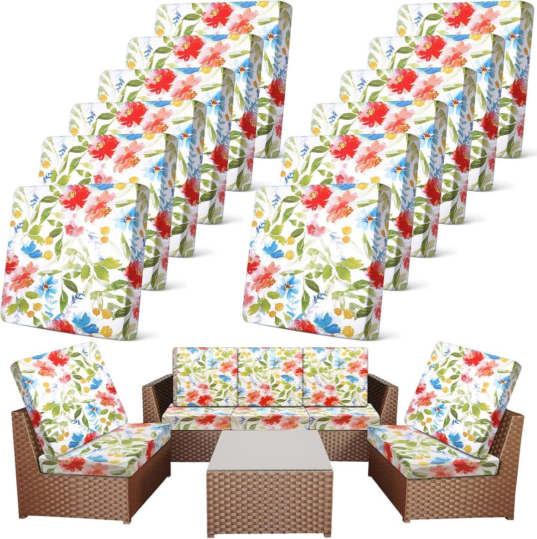 Newwiee 12 Pcs Patio Cushion Covers Outdoor Stretch Sofa Couch Cover Replacement Couch Slipcover Sofa Seat Chair Porch Patio Furniture Protector, Flexibility Washable(Watercolor, Flower)