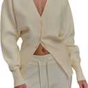 Cardigan Sweater for Women Oversized Deep V Neck Button Front Cardigan Fall Trendy Outfits Ivory
