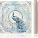 Blue Watercolor Peacock Mahjong Mat for Table with Rules
