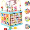 Qilay Wooden Activity Cube for Toddlers 1-3 (Large), 5 in 1 Multipurpose ABC-123 Abacus Bead Maze Shape Sorter | Early Educational Toy for Toddlers - First Birthday Present for Boys Girls