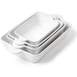 FOBENTA Casserole Dishes for Oven - Ceramic Bakeware Sets of 4, Rectangular Baking Deep Dishes with Handles, Lasagna Pans for Kitchen Cooking & Wedding Gift, Embossed
