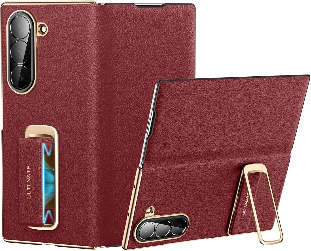 Magnetic Leather Case for Samsung Galaxy Z Fold 6 with Rotating Kickstand & Wrist Strap, Premium Vegan Leather & Full Hinge Camera Protection, All-Around Shockproof Protection Cover, Red