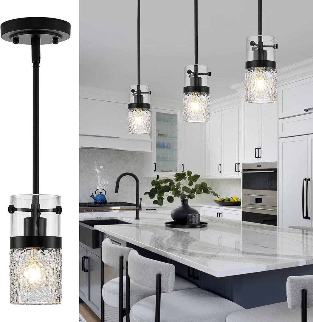 Glass Pendant Light Kitchen Island Black Modern Pendant Light Fixture with Water Ripple Glass 1-Light Mini Hanging Lights for Bathroom Kitchen Sink Bedroom, 3 Pack