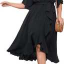 SCOMCHIC Women Plus Size Maxi Dress Short Sleeve Wrap V Neck High Low Split Ruffle Long Dress (XX-Large Plus, Black)