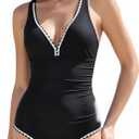 Womens One Piece Swimsuits Tummy Control Bathing Suits Shell Stitched Color Block Push Up Slimming Swimwear (Large, Black)