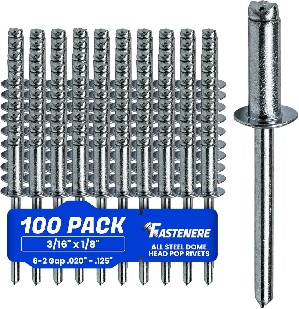 Pop Rivets - 3/16" x 1/8" (100 pcs) Heavy Duty, Open-End, Low Carbon Steel, Dome-Head Blind Rivets, Corrosion-Resistant & High Shear Strength, 6-2 Gap 0.020"-0.125"