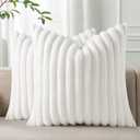 Pallene Faux Fur Plush Throw Pillow Covers 18x18 Set of 2, Luxury Soft Fluffy Striped Decorative Pillow Covers for Sofa, Couch, Living Room, White