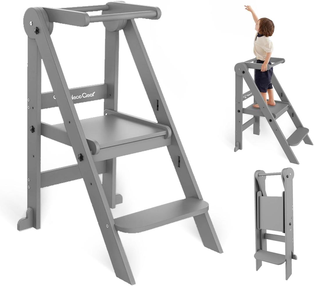 Foldable Toddler Tower, 3 Adjustable Height Toddler Standing Tower, Wooden Kids Kitchen Stool Helper with Safety Rails, Space Saving Kids Step Stool - Ages 18 Months to 6 Years (Gray)