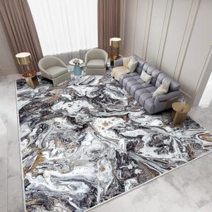 Washable Area Rug 5x7 - Artistic Style Modern Rug for Living Room Bedroom Dining Room, Soft Low Pile Machine Washable Carpet, Non Slip Non Shedding Area Rug - Black/Gold, 5'x7'