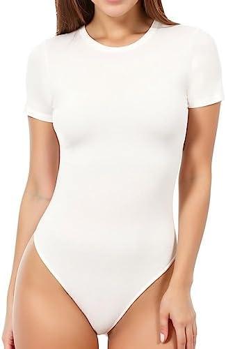 MANGOPOP Women's Round Neck Short Sleeve Bodysuit T Shirts Basic Body Suit Tops, Size L