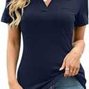 AKEWEI Womens V Neck Polo Shirts Short Sleeve Collared Tops Loose Casual Tunic Blouses with Pocket, Size Medium
