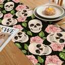 Pink Rose Skull Table Runner Dresser Scarves Seasonal Linen Tablerunner for Indoor Outdoor Kitchen Home Party Holiday Dining Table Decor 13 X 70 Inch