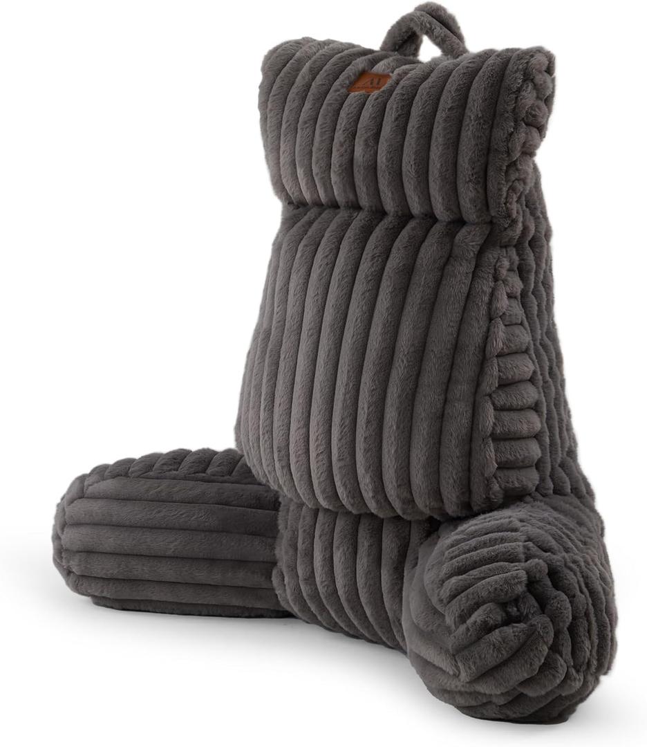 Amlie Home Faux Fur Reading Pillow with Pocket for Sitting in Bed, Adult Backrest Bed Pillow with Washable Cover for Lounging, Study & Relaxing, Grey 29 inches