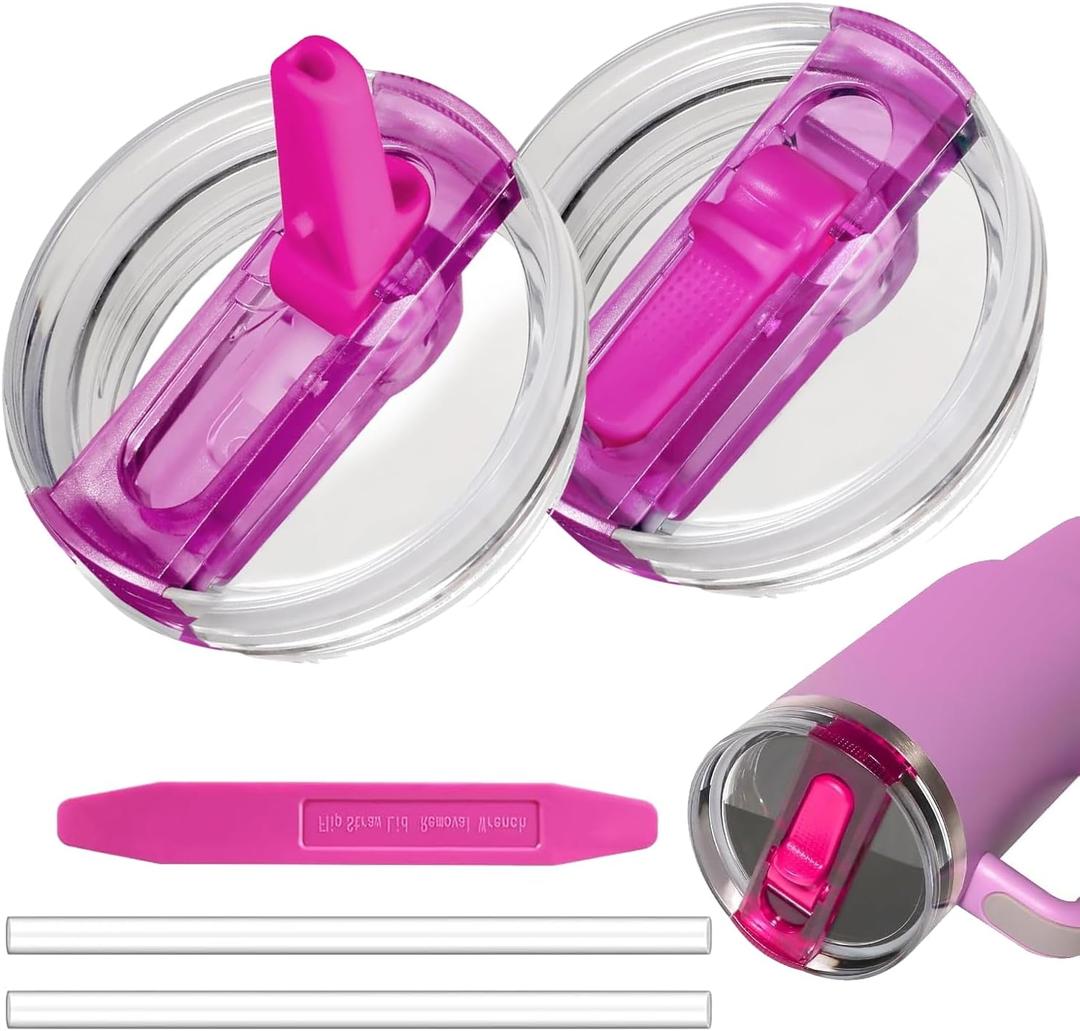 2 Pack 40 oz Tumbler Flip Straw Lid for Stanley Quencher ProTour Leak Proof Lid Replacement for Stanley H2.0 Quencher, Spill Proof Reusable Lid for Stanley Cup Accessories (Rose & Rose, 40 oz)