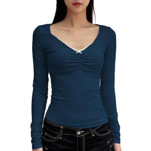 Women's Long Sleeve Slimming Tops Sexy Deep V-Neck Lace Trim Solid Color Short Shirt (L)