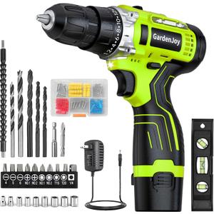 GardenJoy Cordless Power Drill Set: 12V Electric Drill with Battery and Charger, 65pcs Accessories, 3/8"Keyless Chuck, 2 Variable Speed, 24+1 Position, Compact Drill Driver Kit for Home & DIY Project