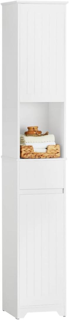 Haotian Bathroom Narrow Storage Cabinet, Slim Tall Freestanding Storing Unit with Shelves, Floor Standing Cupboard, White BZR109-W