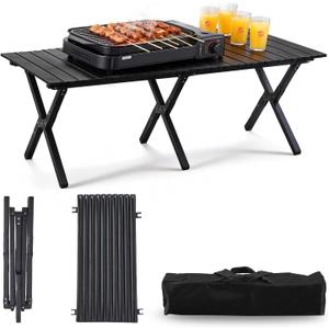 Roll-Up Camping Table - Aluminum Low Folding Tables for Outdoor Travel Grill - Portable Picnic Table Foldable for Sitting on The Floor Beach -Black