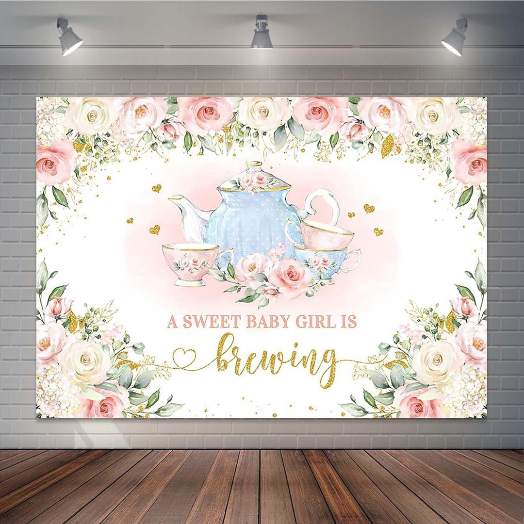 Tea Party Baby Shower Backdrop Baby is Brewing Party Decorations for Baby Shower Blush Pink Gold Floral Girl Baby Shower Cake Table Decorations Photo Booth Props (7x5ft), X-203