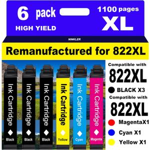 for 822XL Remanufactured for Epson 822XL Ink Cartridges for 822 XL T822 Workforce Pro WF-3820 WF-3823 WF-4820 WF-4830 WF-4833 WF-4834 Printer 6 Pack 3 Black 1 Cyan 1 Magenta 1 Yellow