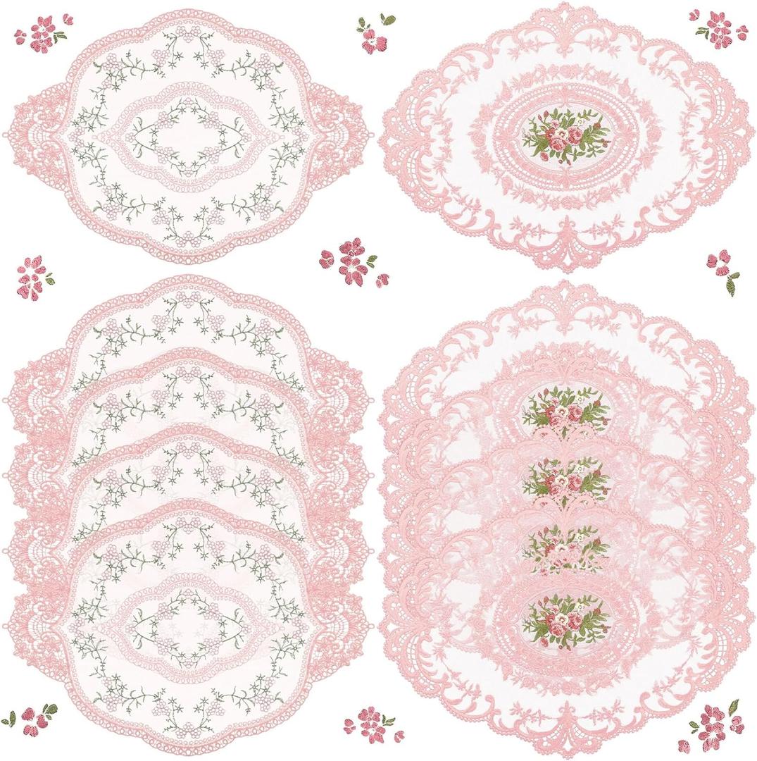 Mixweer 10 Pcs Pink Retro Lace Placemats Oval Embroidered Table Place Mats French Crochet Doilies Vintage Coasters Cup Mat 12'' x 16'' for Wedding Cup Vase Table Decor