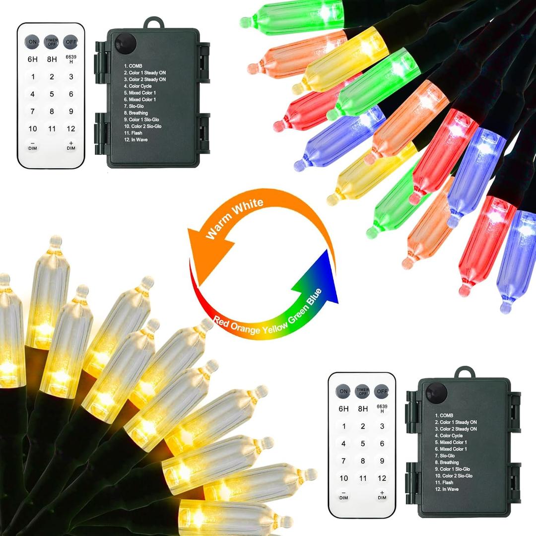 ZAIYW Dual Color Changing Christmas Lights Battery, 2 Pack 23ft 70 LED Mini String Lights with Remote Timer, Outdoor Christmas Light for Tree Xmas Garden Party Decor (Warm White & Multicolor)