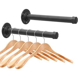 Cast Iron Wall Mounted Clothes Rack, Heavy Duty Industrial Pipe Clothing Rack for Hanging Clothes, Garment Racks for Wardrobe Organizers and Storage, DIY Closet Rods Closet Bar (Black 2 Pack, 12 in)