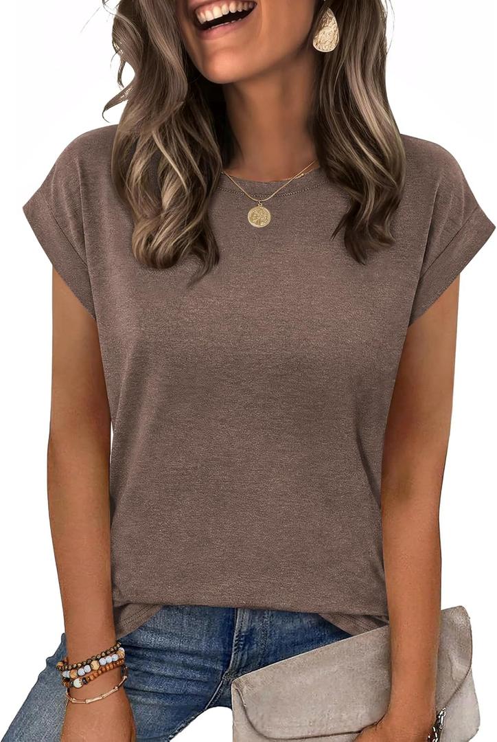 Zeagoo Womens Tops Summer Casual Cap Sleeve Tshirts Shirts Business Dressy Spring Fashion Outfits Trendy Clothes (Brown, XL)
