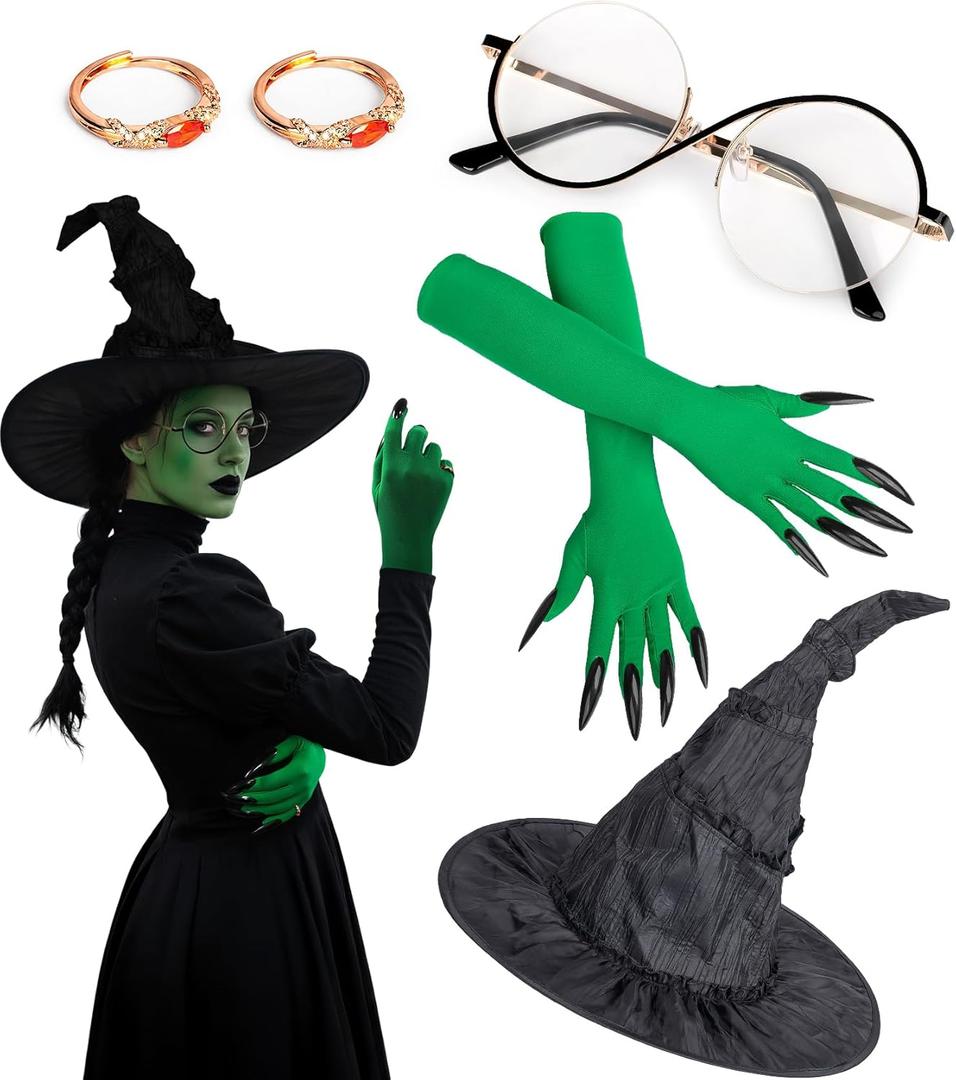6 Pcs Witch Cosplay Costume with Witch Hat Glasses Ring Gloves Accessories for Halloween Movie Cosplay Props Role Playing Party