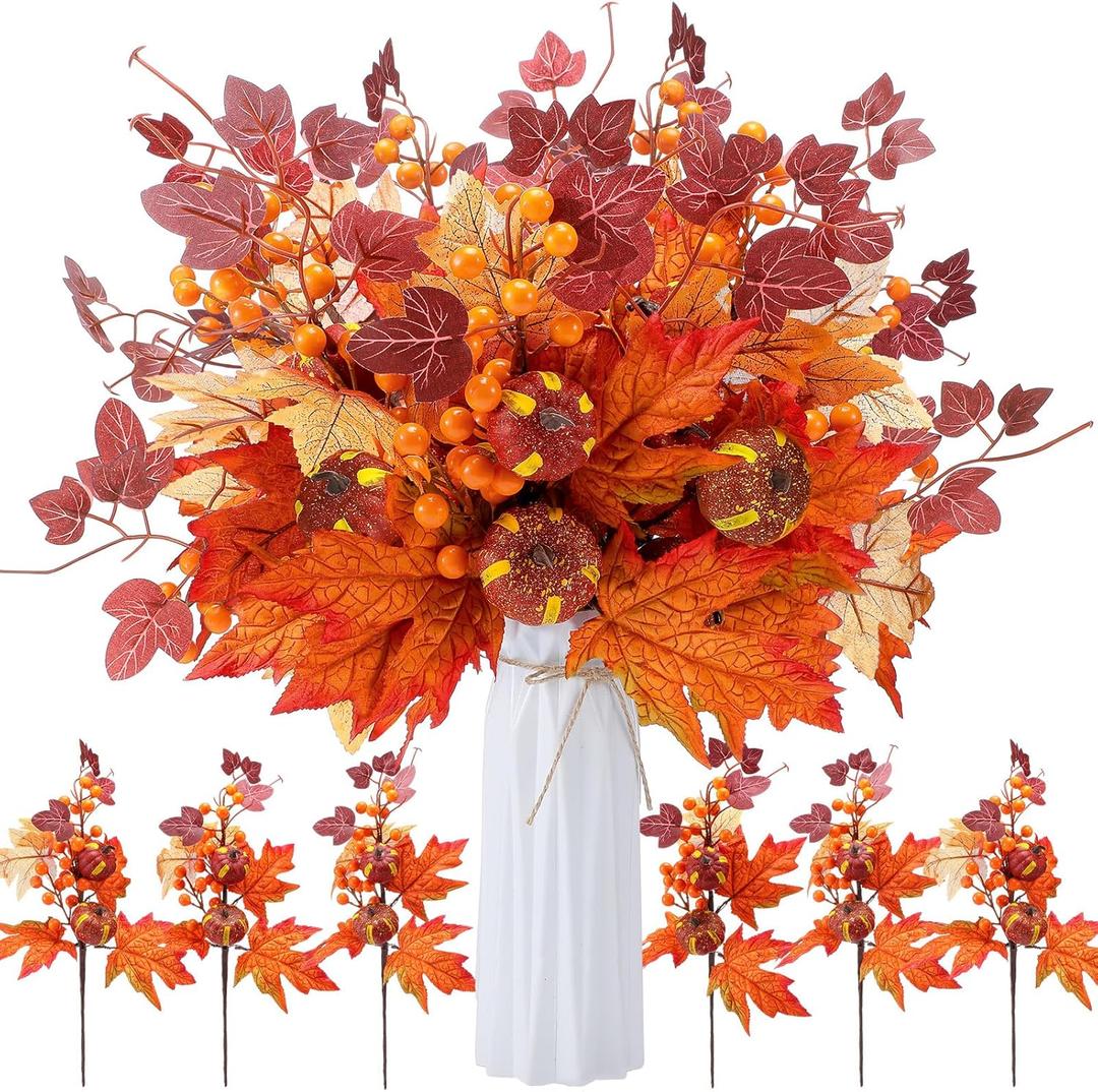 6 Pcs Pcs 20 Inch Fall Decorations Artificial Fall Flower Decor Maple Leaf Pumpkin Autumn Floral Picks Berry Stems Fake Flower Centerpieces for Table Thanksgiving Home Decor (Pumpkin)