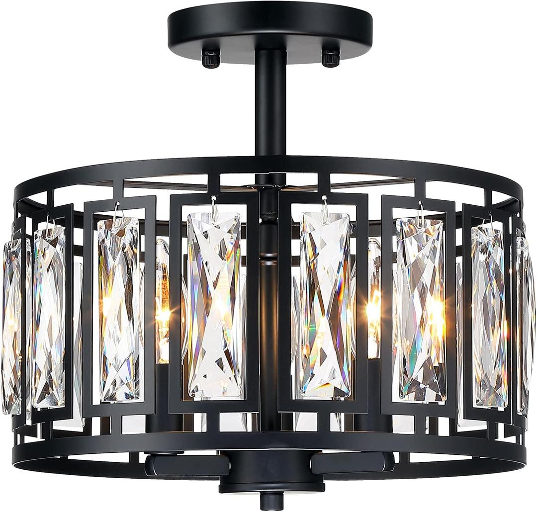 Modern Crystal Semi Flush Mount Ceiling Light Black Close to Ceiling Light Fixtures,3-Light Ceiling Light for Dining Room Bedroom Kitchen Island Hallway Entryway