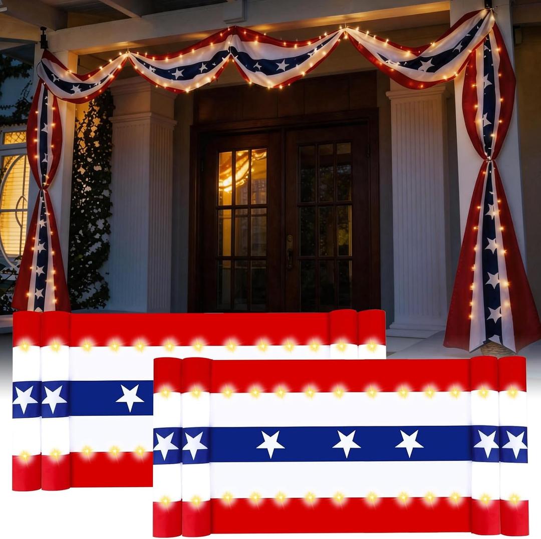 4th of July Decorations, American Flag Bunting with Lights, 2 Pcs, 20x1.6 ft, Red White and Blue Patriotic Banner for 250th Anniversary Decorations (2 Pcs)