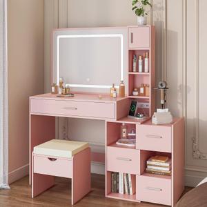 Vanity Desk with LED Lighted Mirror, Sliding Side Cabinet with Expandable Storage, Makeup Table with Drawers & Shelves, Built-in Power Outlet, Vanity Set with Storage Stool for Bedroom (Pink)
