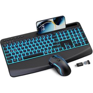 Wireless Keyboard and Mouse Combo,SABLUTE KM25Pro Rechargeable Backlit Ergonomic Keyboard with 4000mAh Battery, Wrist Rest and Phone Holder, Quiet for PC/Mac/Laptop/Windows/Chrome OS (Black)