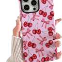 Compatible with iPhone 16 Pro Case, Cute Pink Cherry Bow Pattern with Shockproof Slim Soft TPU and Hard PC Protective Cover for Women Designed for iPhone 16 Pro Case, Glossy
