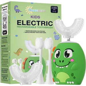 Trueocity Kids U Shape Toothbrush Auto Electric Toddler Rechargeable Kids Automatic Toothbrush | 360 U-Shaped Silicone Brush Head | Gentle Cleaning for Ages 27 | Dinosaur Design (Green)