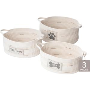 Dog Toy Storage Baskets – Set of 3 Oval Fabric Rope Organizer Bins for Pet and Household Storage, Multi-Sized with Easy-Carry Handles, Durable and Stylish, Charcoal Gray on Ivory
