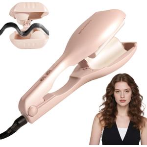 Beach Waves Curling Wand & Crimper - 1.45" Dual Barrel Ceramic Waver with 33M Ions, Dual Voltage, Anti-Scald Design for Effortless Salon Curls (Pink)