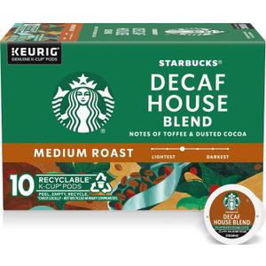 6 x Starbucks K-Cup Coffee Pods, Medium Roast Hot or Iced Coffee, Decaf House Blend, 10 Keurig Pods (EXP 05/21/27)