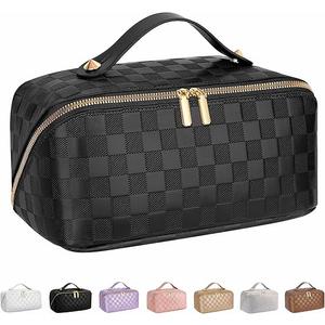 ALEXTINA Large Capacity Travel Cosmetic Bag  Portable Makeup Bags for Women Travel Toiletry Bag Waterproof Leather Checkered Makeup Organizer Bag for Travel Essentials, Open Flat Make up Bag, Black